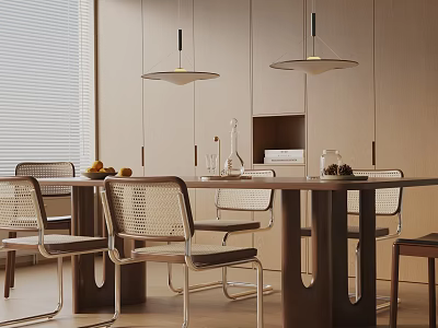 Modern Dining Table Set With Rattan Chairs Pendant Lights And Cabinets 3d model