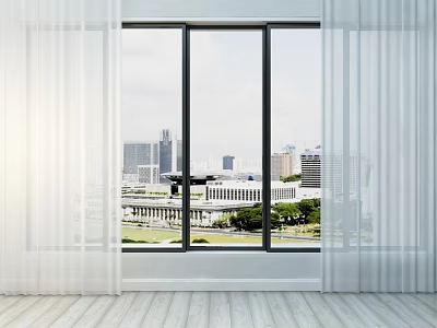 Large Modern Casement Window Interior With White Curtains Wooden Floor And City View 3d model