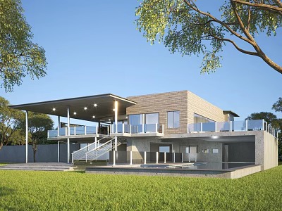 Modern Detached Villa With Glass Railing Terrace And Lush Green Lawn Surrounding Trees 3d model