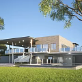 Modern Detached Villa With Glass Railing Terrace And Lush Green Lawn Surrounding Trees
