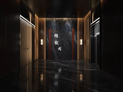 Modern Elegant Elevator Lobby Featuring Dark Marble Walls Wooden Accents Lighting Design And Mirrored Flooring 3d model