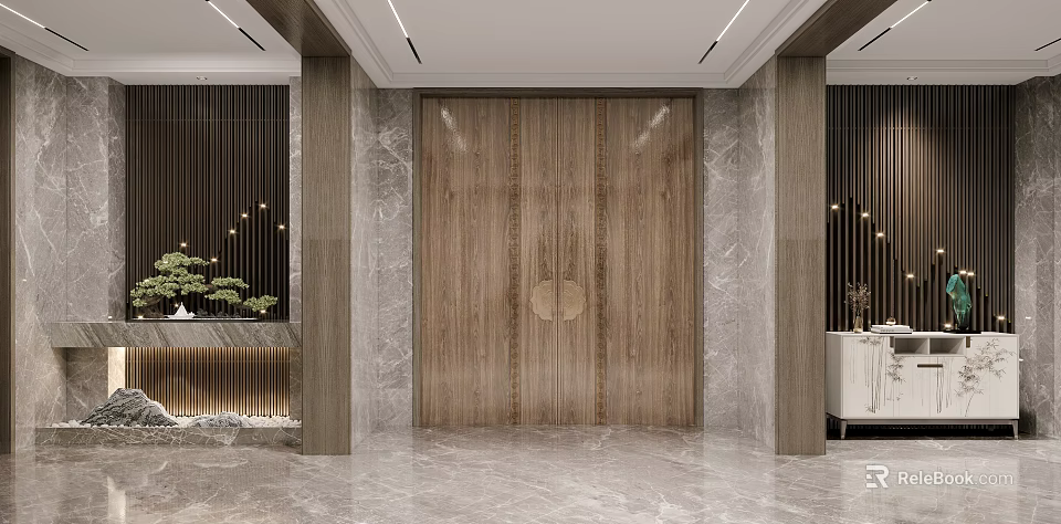 Modern Foyer Hallway Design With Wooden Panel Door Marble Wall Recessed Lighting And Decorative Columns 3d model 
