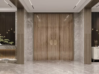 Modern Foyer Hallway Design With Wooden Panel Door Marble Wall Recessed Lighting And Decorative Columns 3d model