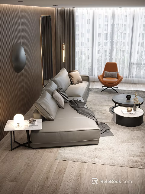 Modern Gray Sofa and Round Coffee Table Set With Pillows Orange Accent Chair Living Room 3d model 