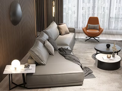 Modern Gray Sofa and Round Coffee Table Set With Pillows Orange Accent Chair Living Room 3d model