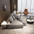 Modern Gray Sofa and Round Coffee Table Set With Pillows Orange Accent Chair Living Room