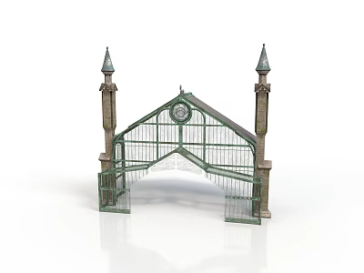 Historic Arched Gateway Building With Two Spired Towers Iron Grilles And Clock 3d model