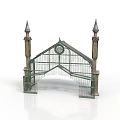 Historic Arched Gateway Building With Two Spired Towers Iron Grilles And Clock