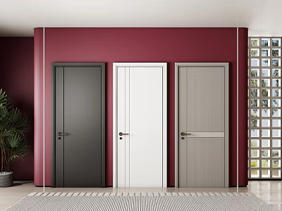 Swing Doors In Black White And Gray With Red Wall Background And Green Plant 3d model