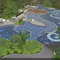Garden Landscape With Blue Mosaic Pool Curved Pathway Stone Decorations And Greenery