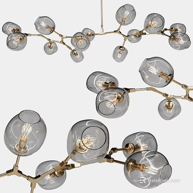 Modern Chandelier With Branch Like Structure Multiple Glass Shades Exposed Bulbs And Golden Frame 3d model 