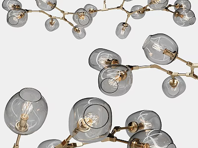 Modern Chandelier With Branch Like Structure Multiple Glass Shades Exposed Bulbs And Golden Frame 3d model