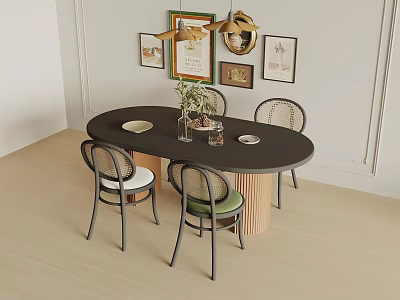 Modern Round Dining Table Set With Woven Back Chairs Green Plant And Wall Art 3d model