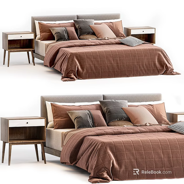 Modern Double Bed Interior With Brown Quilt Multiple Pillows And Bedside Tables 3d model