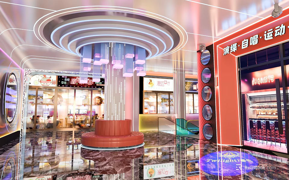 Modern Elegant Restaurant Interior With Round Chandelier Red Pillar Glass Display Windows And Neon Signs 3d model 
