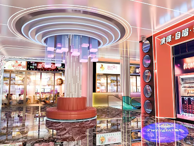 Modern Elegant Restaurant Interior With Round Chandelier Red Pillar Glass Display Windows And Neon Signs 3d model