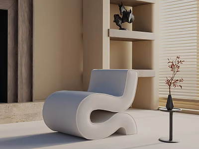 Modern Curved White Lounge Chair With Beige Wall Wooden Accents And Window Blinds 3d model