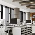 Modern Public Office Space With Open Layout White Desks Computers Chairs Green Plants And Windows