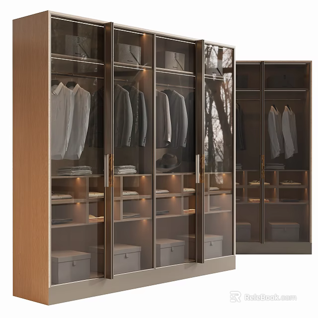 Modern Wardrobe Interior with Glass Doors Hanging Clothes Shelves and Drawers 3d model 