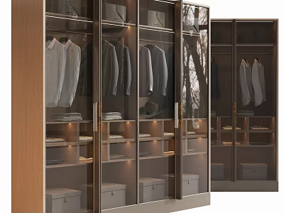 Modern Wardrobe Interior with Glass Doors Hanging Clothes Shelves and Drawers 3d model