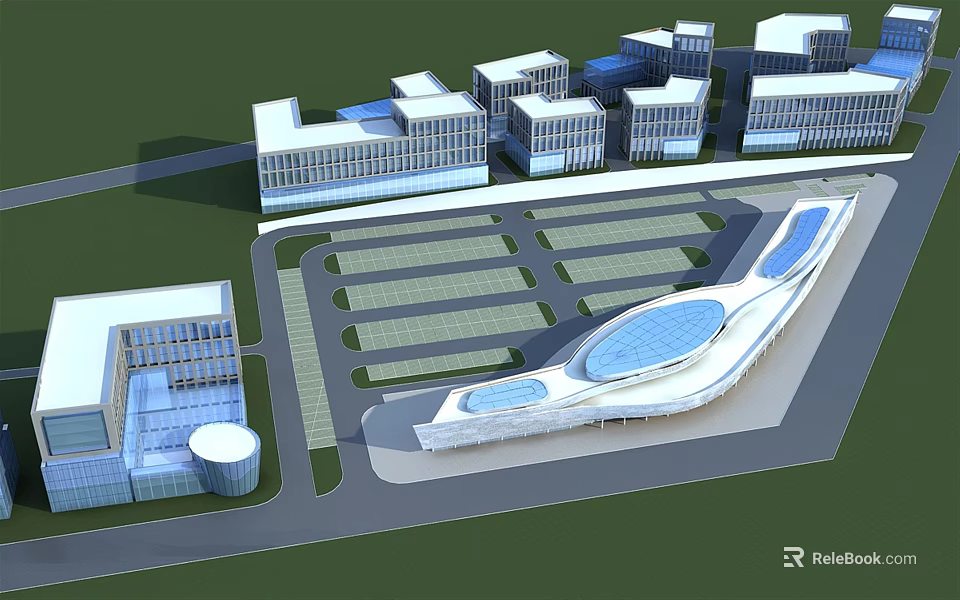 Modern Architectural Complex With Aligned Buildings Curved Structure And Green Areas 3d model