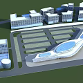 Modern Architectural Complex With Aligned Buildings Curved Structure And Green Areas 3d model