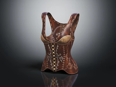 Vintage Brown Leather Corset With Gold Accents And Intricate Stitching Patterns 3d model