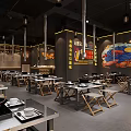Industrial Style Restaurant Interior With Graffiti Walls Wooden Tables And Stools