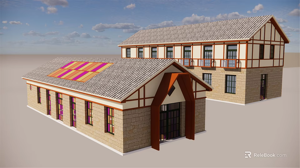 Traditional Style Building Exterior With Tiled Roof Beige Walls And Wooden Trim 3d model 