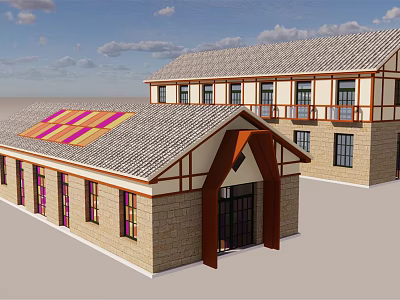 Traditional Style Building Exterior With Tiled Roof Beige Walls And Wooden Trim 3d model