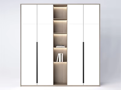 Modern Wardrobe Design With White Panels Open Shelf Lighting And Black Handles 3d model