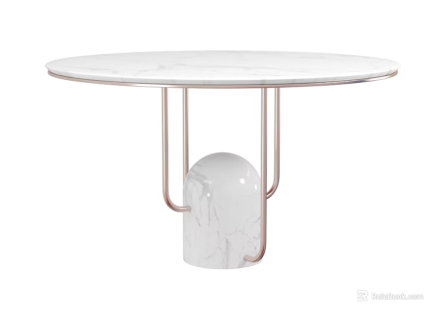 Modern Round White Marble Dining Table With Rose Gold Metal Frame And Pedestal Base 3d model 