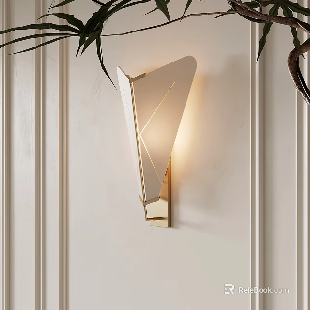 Modern Geometric Wall Lamp Design With Gold Base And White Paneled Wall 3d model 