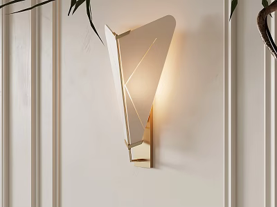 Modern Geometric Wall Lamp Design With Gold Base And White Paneled Wall 3d model