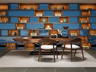 Elegant Wooden Tea Table and Chairs With Blue Shelves and Decorative Items 3d model