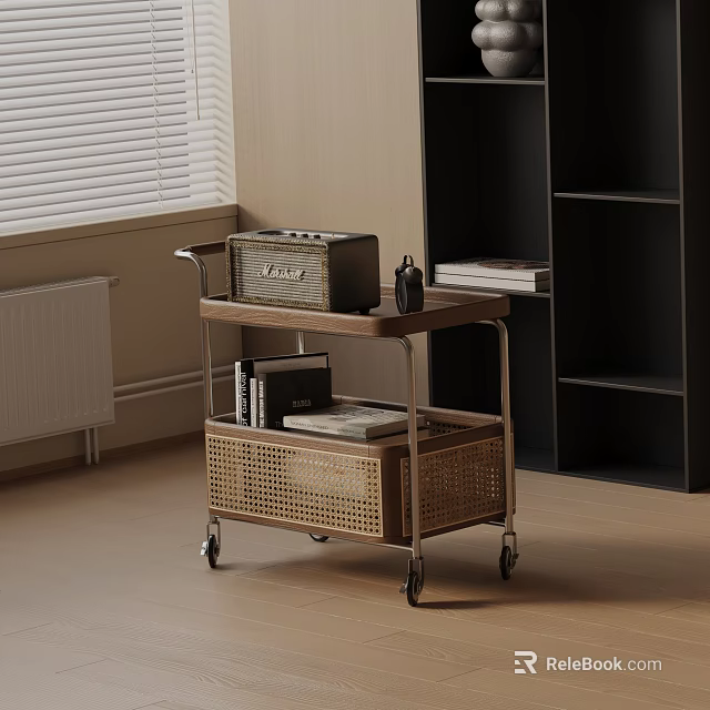 Rolling Side Table with Wooden Top Metal Frame and Rattan Basket Storage for Radio Books 3d model 