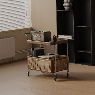 Rolling Side Table with Wooden Top Metal Frame and Rattan Basket Storage for Radio Books 3d model