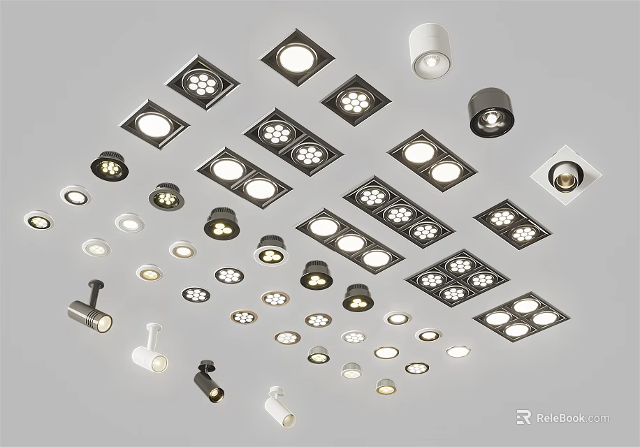 Various Downlights and Spotlights with Square Round Shapes Black White Modern Designs 3d model 