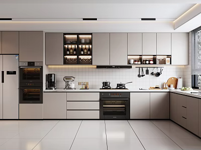 Modern Kitchen Interior With Grey Cabinets White Countertops Built-in Appliances And Hanging Utensils 3d model