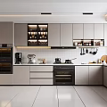 Modern Kitchen Interior With Grey Cabinets White Countertops Built-in Appliances And Hanging Utensils