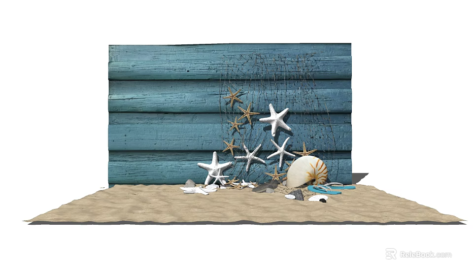 Decorative Ornament Set With Starfish Seashells And Fishing Net On Blue Wooden Board And Sand 3d model 