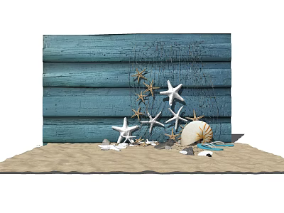 Decorative Ornament Set With Starfish Seashells And Fishing Net On Blue Wooden Board And Sand 3d model