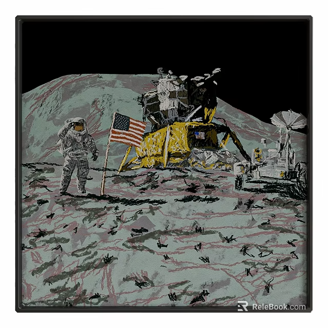 Astronaut Standing By American Flag Near Lunar Module On Moon Surface 3d model 
