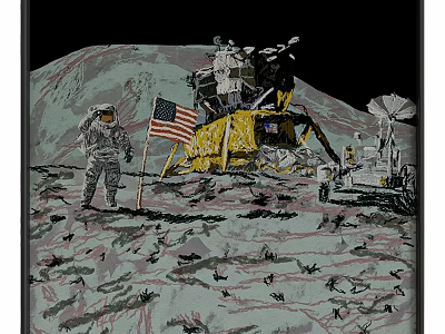 Astronaut Standing By American Flag Near Lunar Module On Moon Surface 3d model
