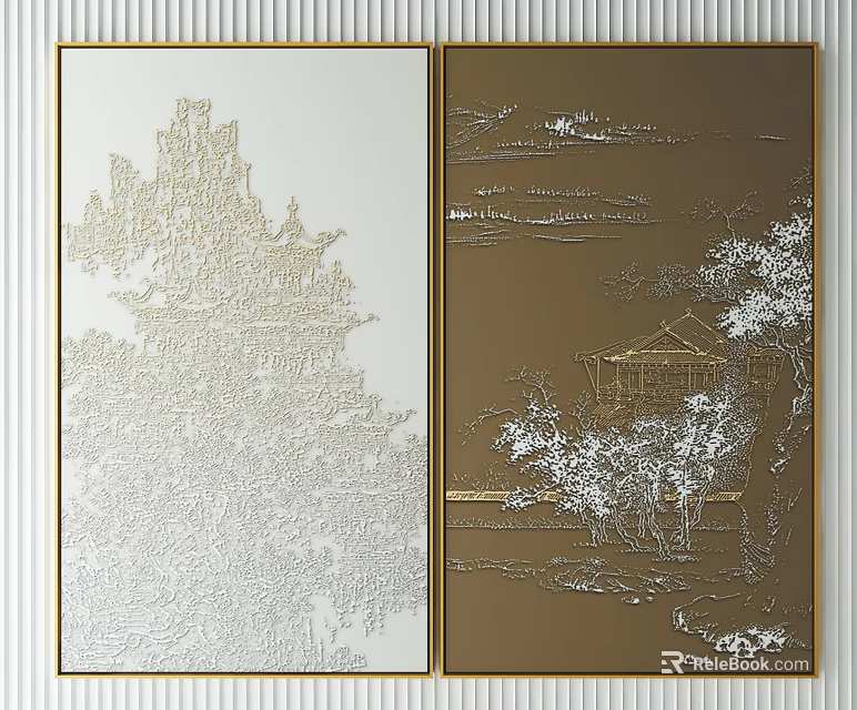 White And Gold Decorative Wall Art With Tree And Building Design 3d model 