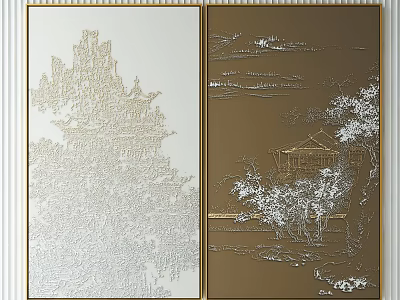 White And Gold Decorative Wall Art With Tree And Building Design 3d model