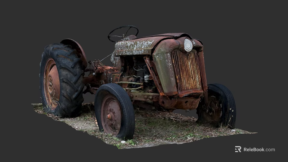 Vintage Weathered Old Rusty Tractor With Large Wheels On Grassy Ground 3d model