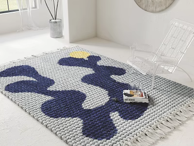Modern Square Rug with Blue White Wave Pattern Sun Design Near Transparent Chair and Book 3d model