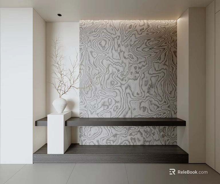 Modern Entryway Design With Textured Wall White Vase And Wooden Bench 3d model 