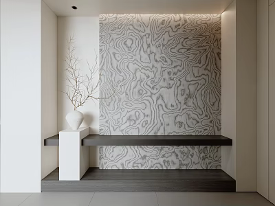 Modern Entryway Design With Textured Wall White Vase And Wooden Bench 3d model